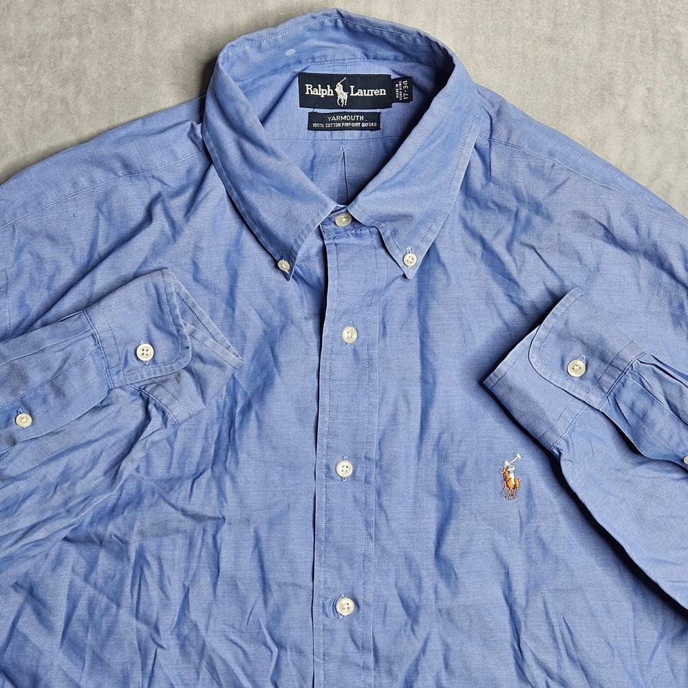 Vintage Ralph Lauren Shirt Mens 17-34 Blue Yarmouth Button Down Flesh Pony Logo